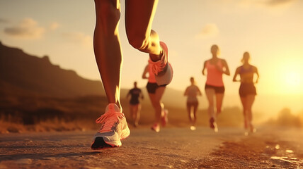 close up legs runner group running on sunrise seaside trail. generative AI