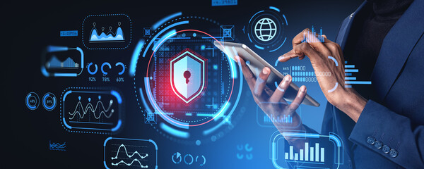 Black man using tablet, digital cybersecurity with big business data analysis