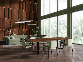 Green and wooden dining room and living room interior