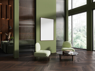 Dark living room interior armchairs and relax area, mockup frame and window