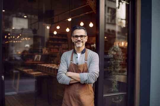Portrait Of Mature Male Bakery Owner Standing With Arms Crossed In Cafe. Generative AI