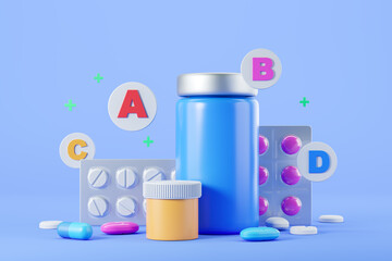 Medical bottles with pills and vitamins icons, health care. Mock up - obrazy, fototapety, plakaty