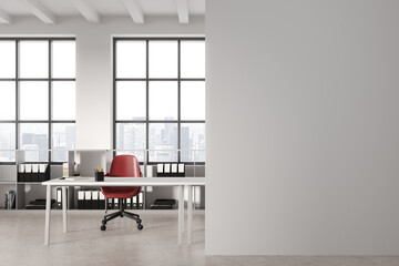 White office interior with table and chair, shelf and window. Mock up wall