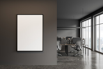 Grey business interior with computers and panoramic window. Mockup frame