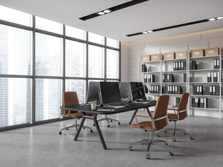 White coworking interior with pc computer on table, panoramic window