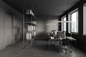 Grey office room interior with pc computer and shelf, panoramic window