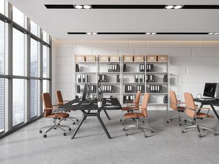 White open space interior with bookcase