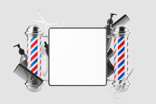Square blank barber shop sign with barber poles and hairdresser tools