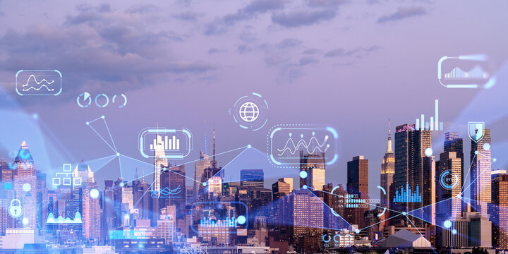 Smart city panorama with network hologram