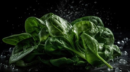 Green Spinach hit by splashes of water with black blur background