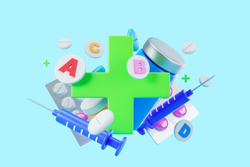 Green cross and medical bottles with pills and syringe, health protection