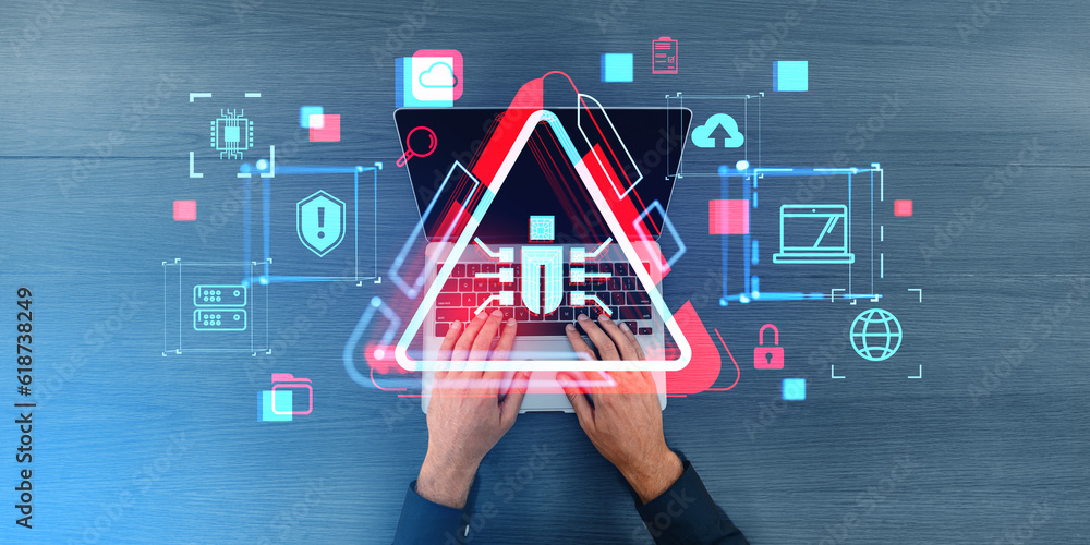 Poster man hands typing on laptop with bug and virus alert icons