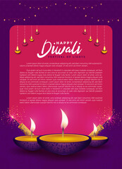 illustration of burning 3 diya on Happy Diwali festival of lights background