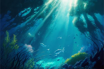 Foto op Aluminium 水中 光 海底 魚 海 太陽 深海 泡 海藻 洞窟 青, generative ai © GINGER_Tsukahara