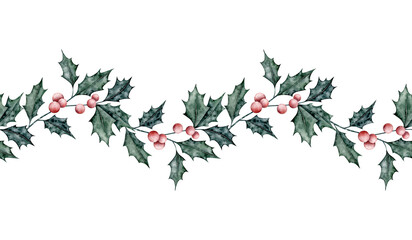 Christmas seamless border of ilex branches with red berries. Emerald holly leaves. Botanical Winterberry Endless banner. Hand painted watercolor illustration for wedding invitation, pack, christmas