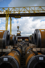 Factory overhead crane. Business logistic, site with crane