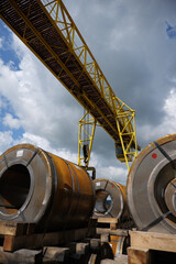 Factory overhead crane. Business logistic, site with crane