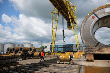 Factory overhead crane. Business logistic, site with crane