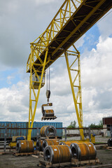 Factory overhead crane. Business logistic, site with crane