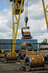 Factory overhead crane. Business logistic, site with crane