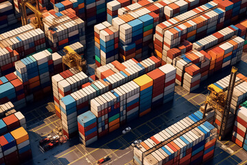 View of cargo container for export by ship forwarder mast. Transportation Logistics of international container cargo shipping in container. Generative AI. - obrazy, fototapety, plakaty