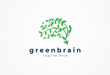 Green Brain Logo, brain with Leaf combination , usable for business and company logos, flat design logo template, vector illustration