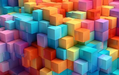 Fototapeta na wymiar Bold and colorful block arrangement: Creating a pattern of overlapping squares in a rainbow gradient by randomly stacking vibrant and bold blocks. Generative AI