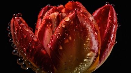 Tulips Flowers hit by splashes of water with black blur background
