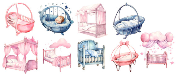 Set of baby cribs and beds in watercolor with transparent background, isolated, generated ai - obrazy, fototapety, plakaty