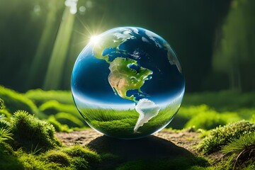 Obraz na płótnie Canvas Globe On Moss In Forest - Environmental Concept 