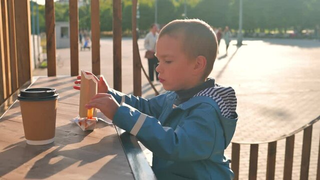 The boy eating french fries with appetite. 4k video footage 