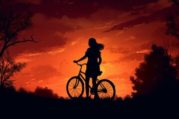 Girl ride bike sunset. Generate Ai