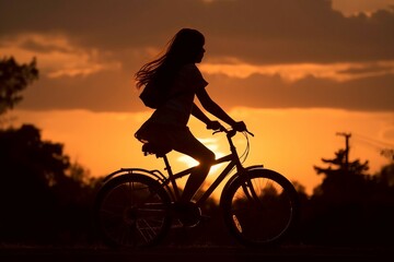 Fototapeta na wymiar Girl ride bike sunset. Generate Ai