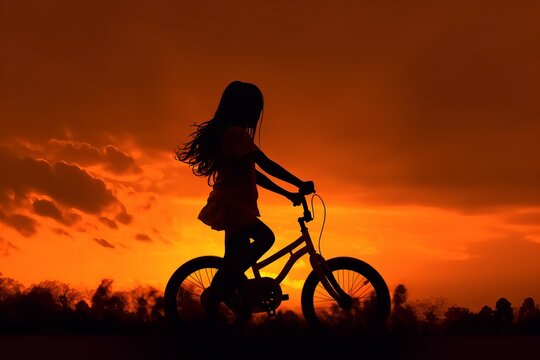 Girl ride bike sunset. Generate Ai