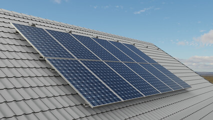 Fototapeta premium solar panels on the roof, 3d rendering of solar panel 