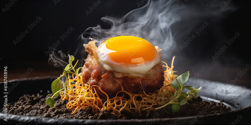 Wall mural molecular cuisine. dish of crispy pork belly with a poached egg yolk, served in a nest of hay smoke.