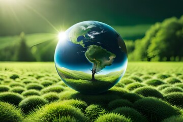 green natural environment background for earth day concept with plant seed in the forest growing on the planet and water around it