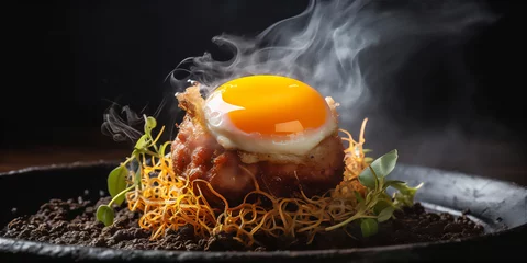 Fotobehang Molecular cuisine. Dish of crispy pork belly with a poached egg yolk, served in a nest of hay smoke. AI generative image © skumer