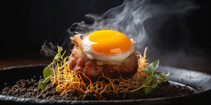 Molecular cuisine. Dish of crispy pork belly with a poached egg yolk, served in a nest of hay smoke. AI generative image