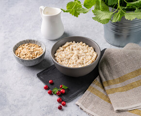 Oatmeal porridge with cranberry in bowl  with milk and oats flakes on a light background. The concept of a helthy and diet  food