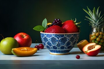 Overhead view of fruits bowl on wooden table

