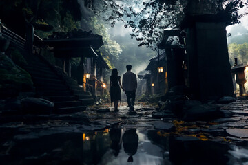 Fototapeta premium 夜の神社を歩く男女（AI生成）