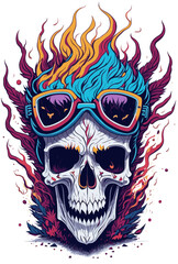 Fancy smiling skull in sunglasses with fantasy fire flames around isolated, vintage style flat sticker vector illustration