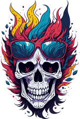 Fancy smiling skull in sunglasses with fantasy fire flames around isolated, vintage style flat sticker vector illustration