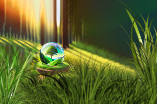 Globe in the green forest among the grass. The concept of conservation of the environment, ecology. Earth Day