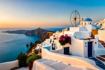 Sunny morning view of Santorini island. Picturesque spring sunrise on the famous Greek resort Oia, Greece, Europe. Traveling concept background. Artistic style post processed photo