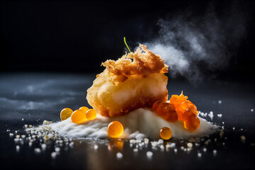 Molecular cuisine take on fish and chips with crispy potato foam and a sous-vide fish filet. AI generative image