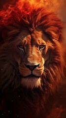 Naklejka premium The Lion King amidst a fiery landscape. The Lion King in Bright Fire. The Lion King stands proudly with a majestic mane and a powerful gaze. Generative AI