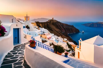 Sunny morning view of Santorini island. Picturesque spring sunrise on the famous Greek resort Oia,...