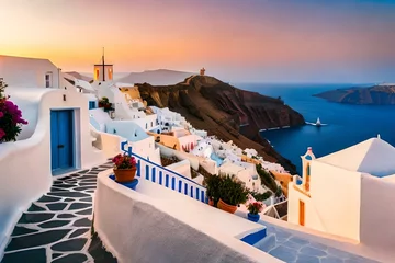 Poster Sunny morning view of Santorini island. Picturesque spring sunrise on the famous Greek resort Oia, Greece, Europe. Traveling concept background. Artistic style post processed photo © Ahtesham